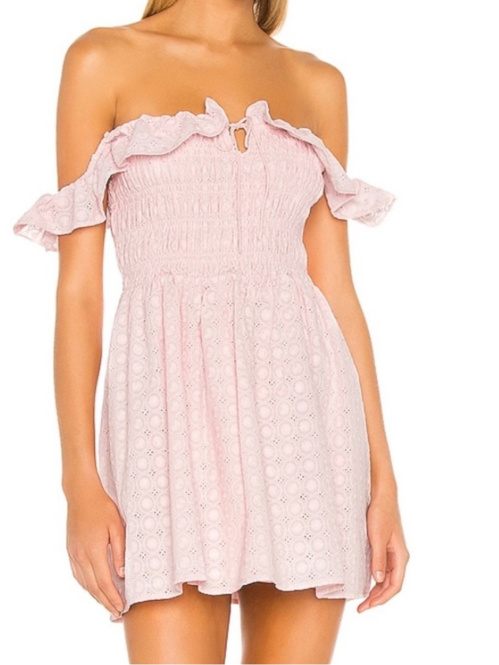 MAJORELLE Off the Shoulder Eyelet Mini Dress